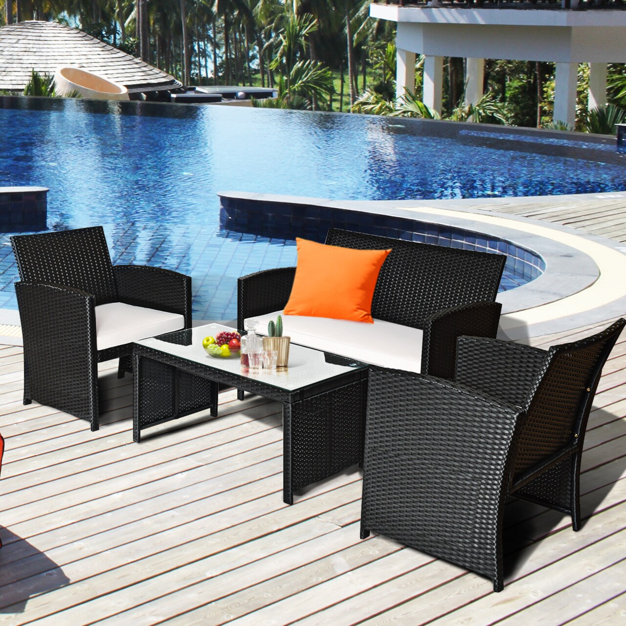 Costway 4PCS Outdoor Patio Rattan Furniture Conversation Set